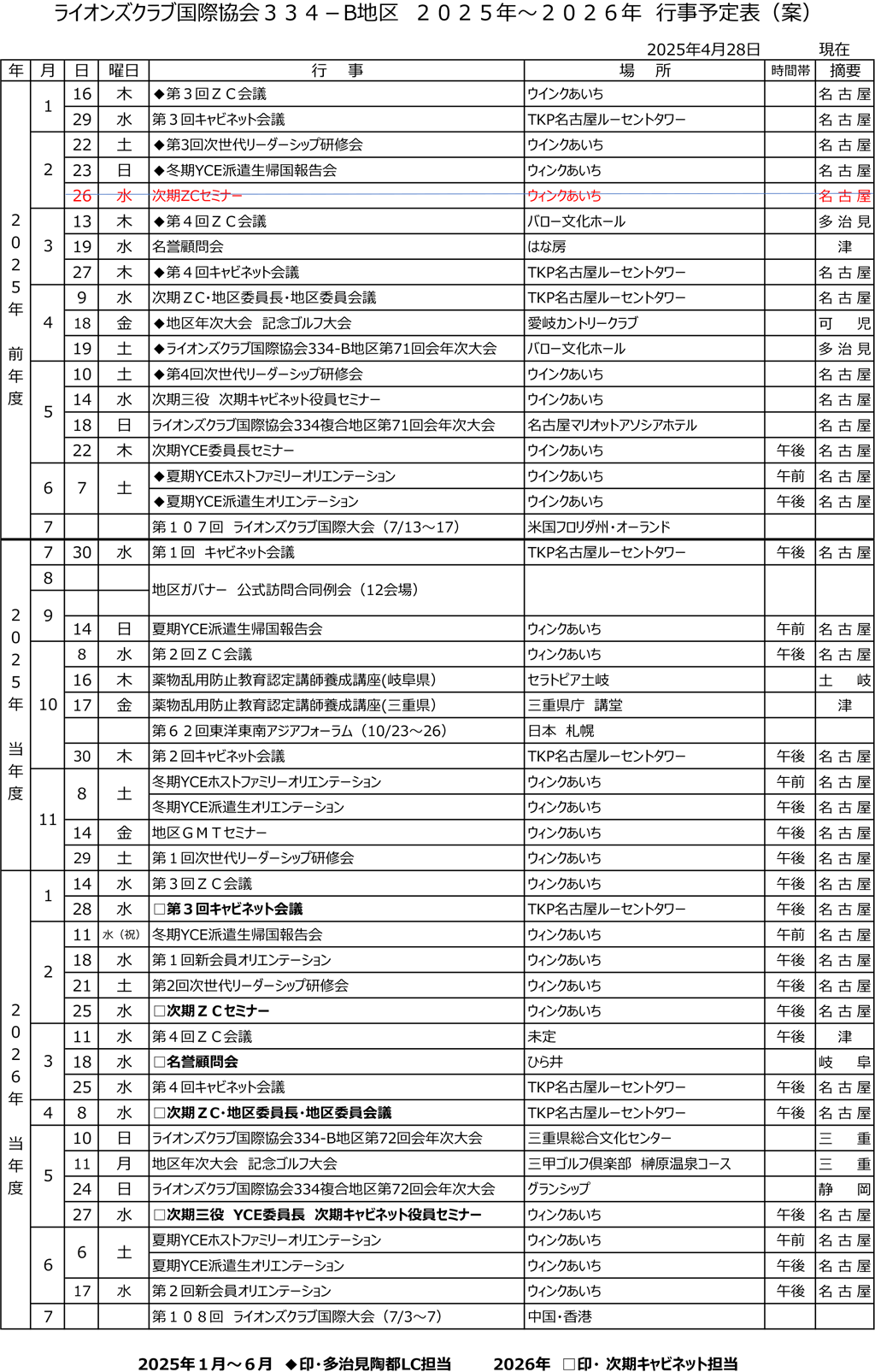 2025-2026年度キャビネット予定表