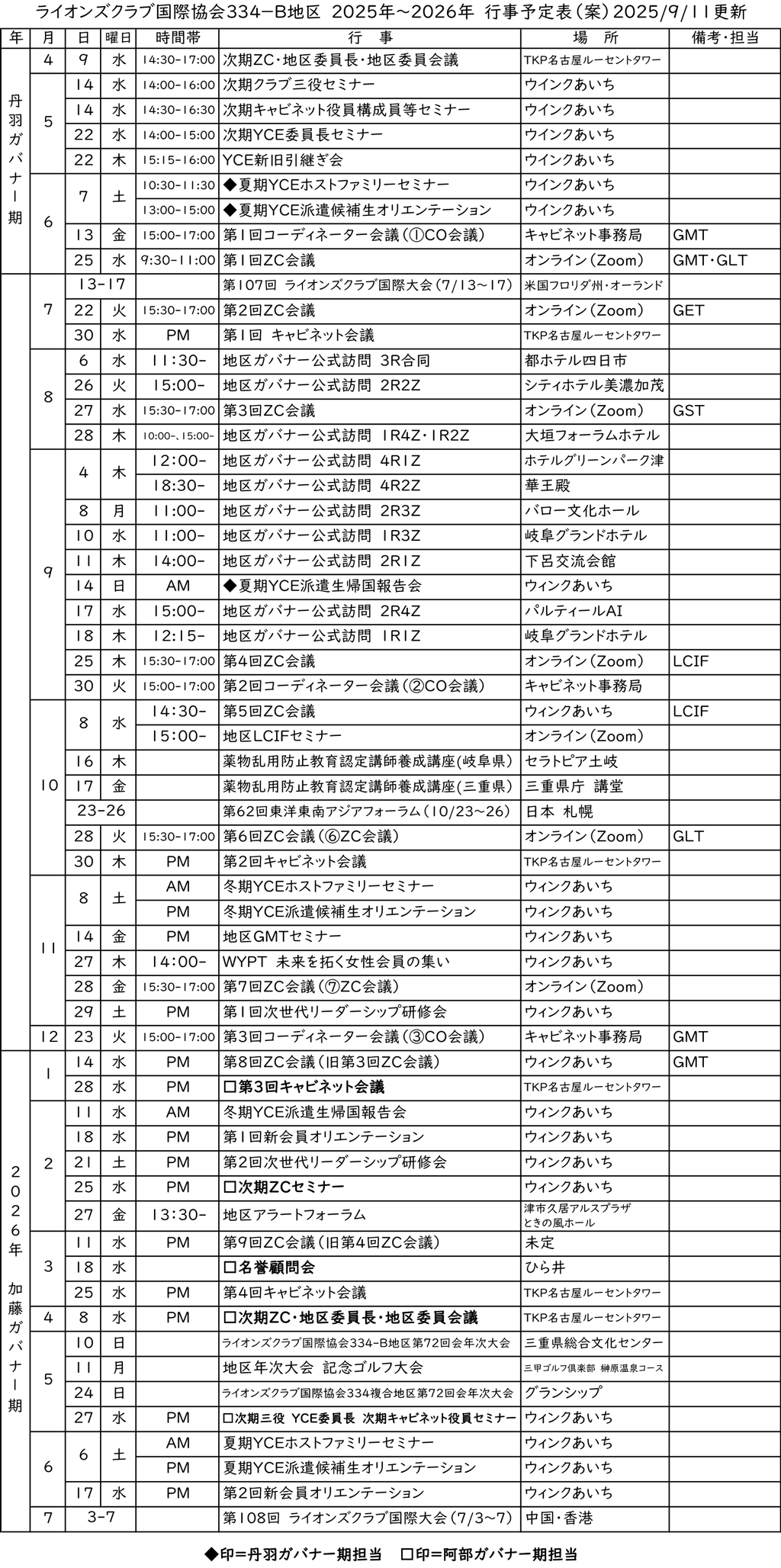 2025-2026年度キャビネット予定表